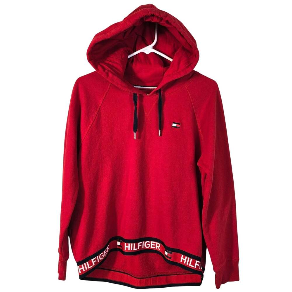 Tommy Hilfiger Hoodie Women's L Red Banded Hi Low Hem Logo Athletic Athleisure